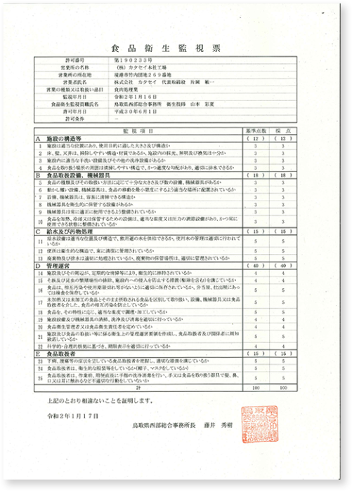 食品衛生監視票で12年連続満点をいただきました カタセイ お知らせ 株式会社カタセイ